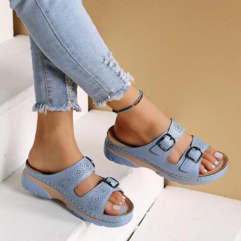 Sandali ortopedici da donna, comodi, con zeppa e punta aperta Sandali ortopedici da donna, comodi, con zeppa e punta aperta